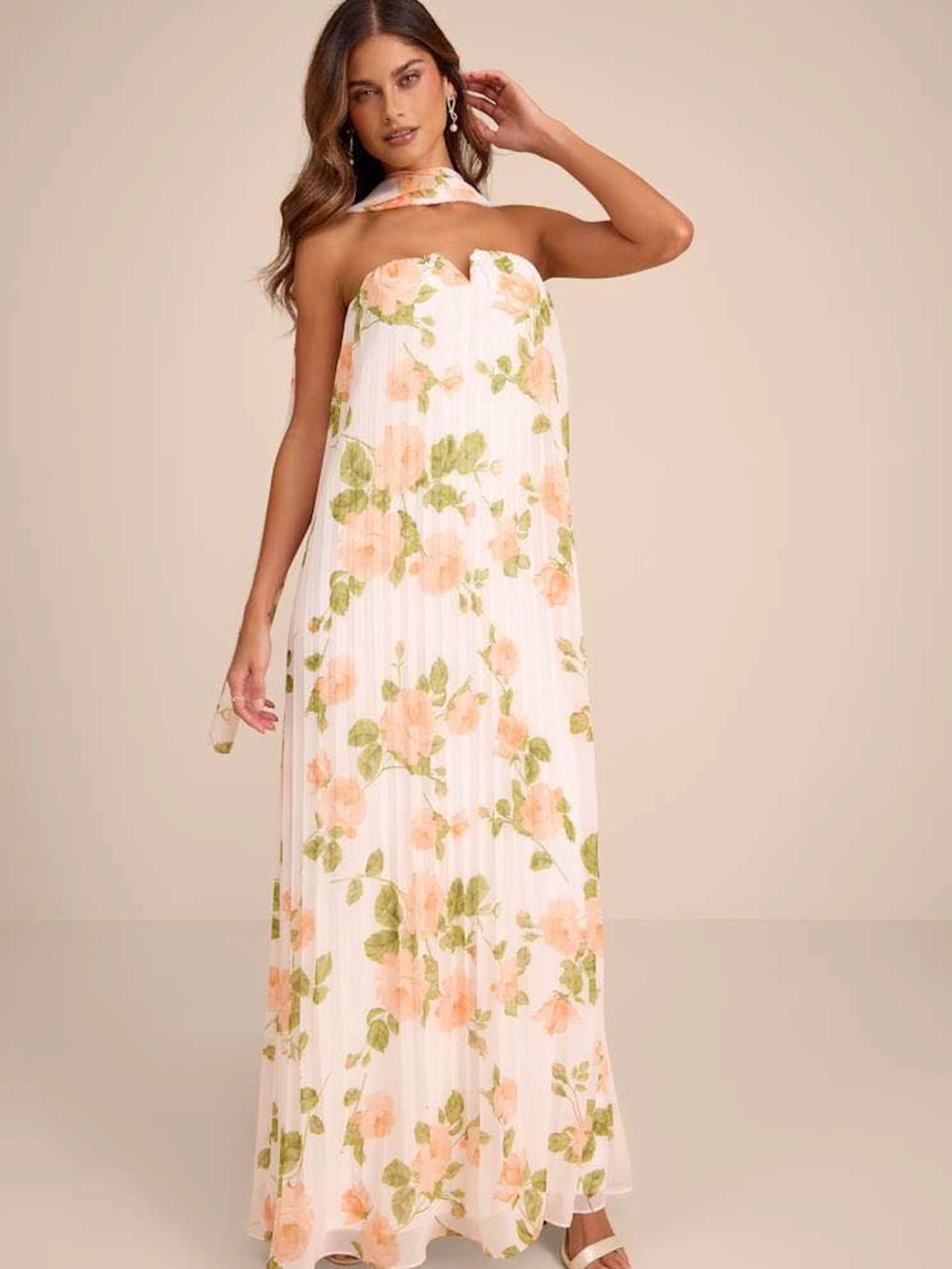 Lulus Lael White Floral Pleated Strapless Dress and Scarf Set
